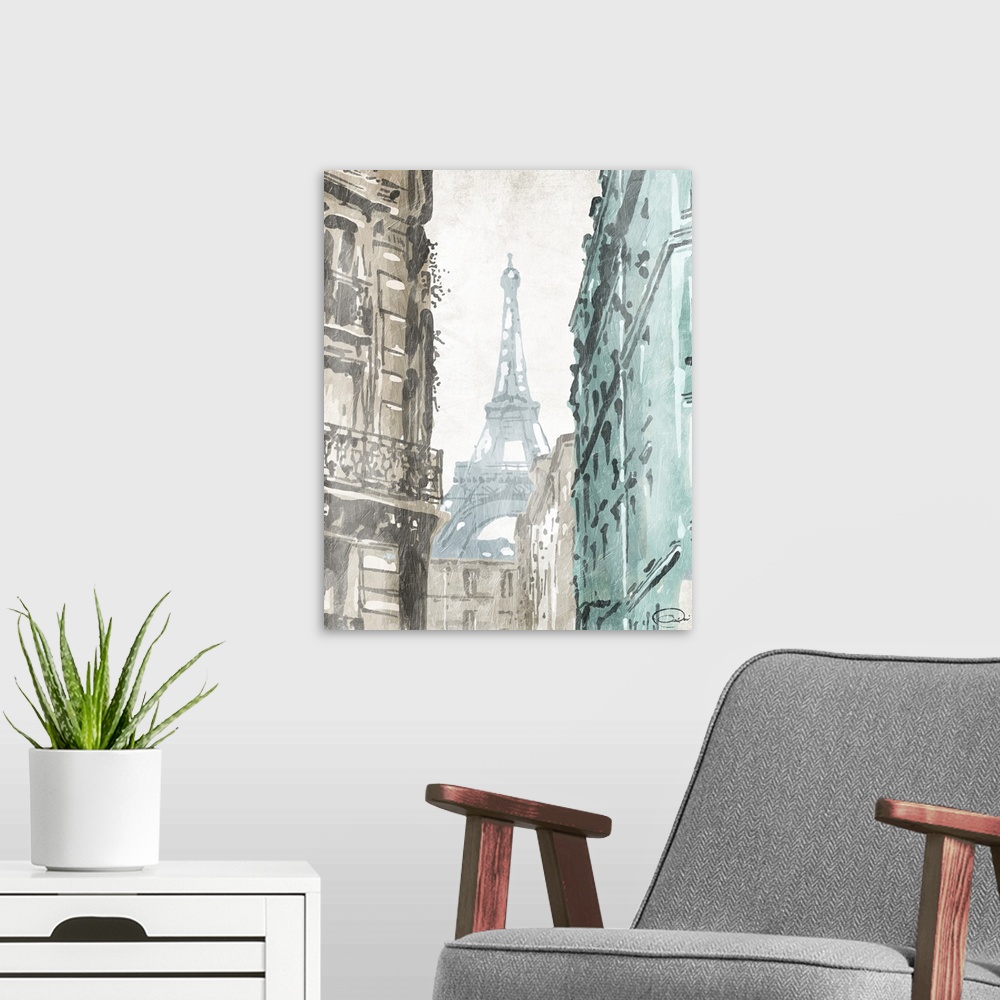 A modern room featuring Contemporary travel artwork of a view of the Eiffel Tower in Paris from a city block.