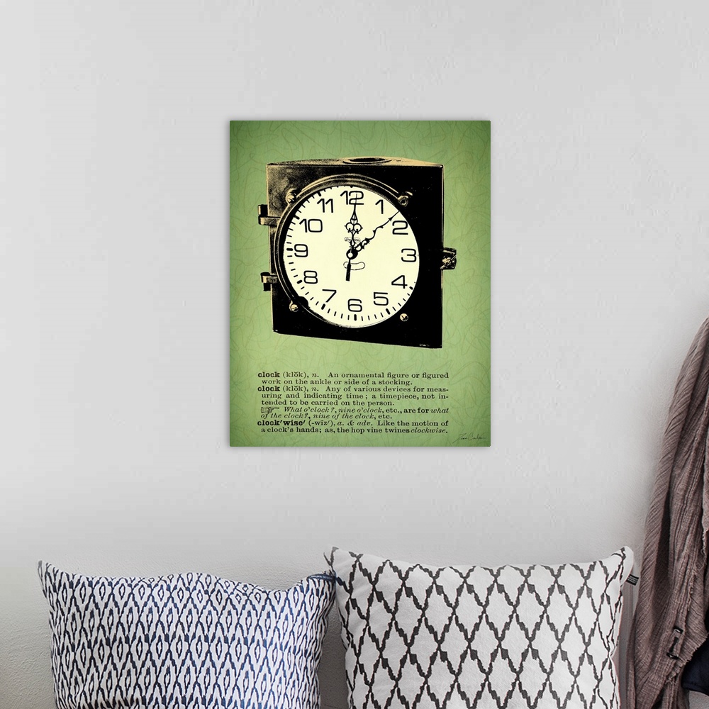 A bohemian room featuring Retro-style illustration of a travel clock with the dictionary definition below the image.