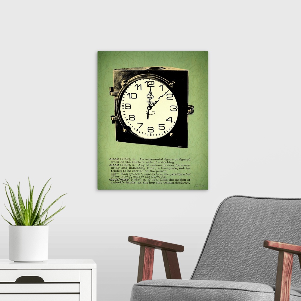 A modern room featuring Retro-style illustration of a travel clock with the dictionary definition below the image.