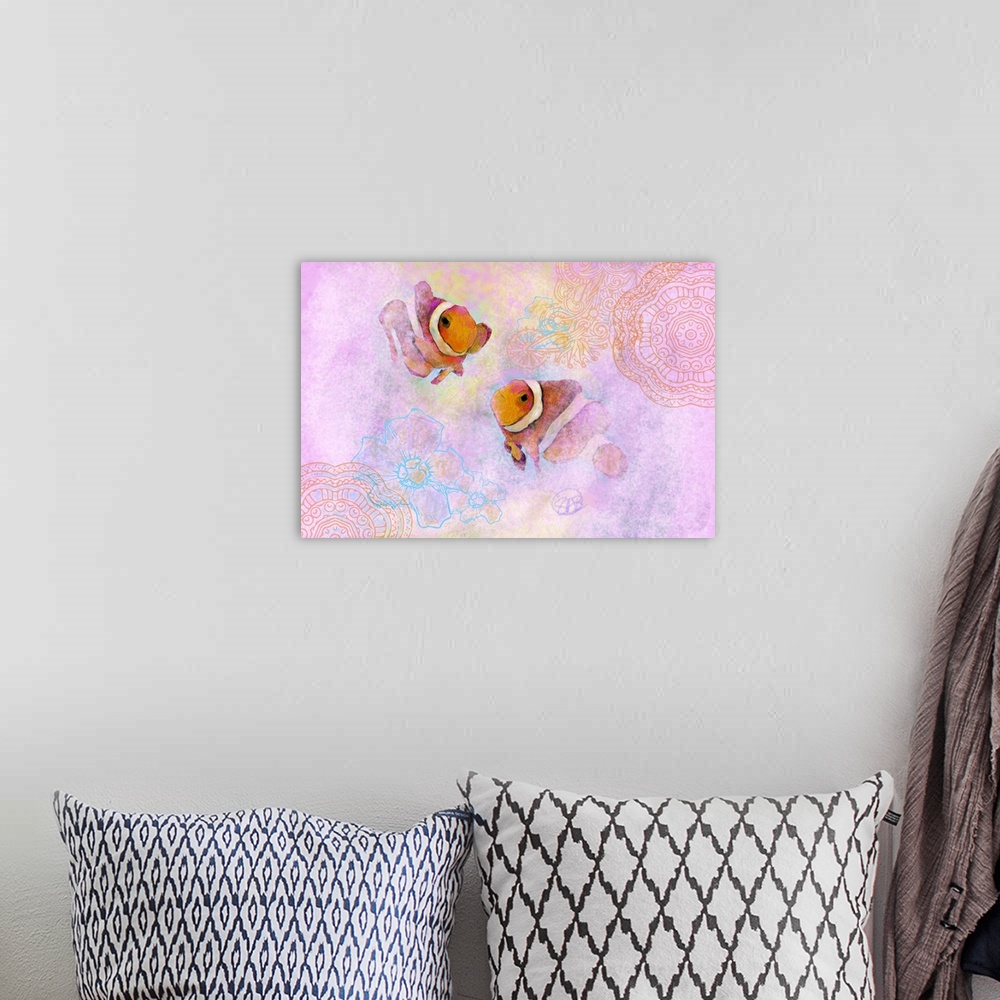 A bohemian room featuring Artwork of two orange striped clownfish on a pastel pink background.