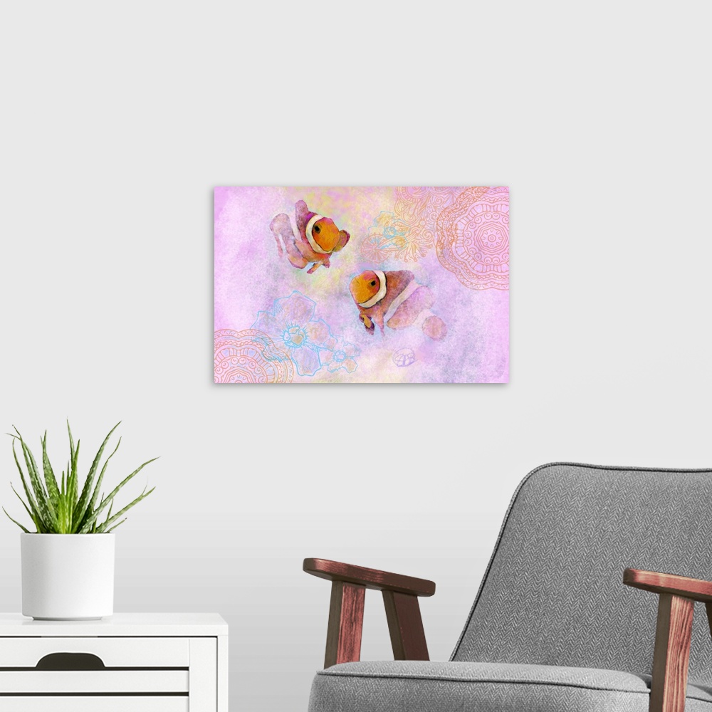 A modern room featuring Artwork of two orange striped clownfish on a pastel pink background.