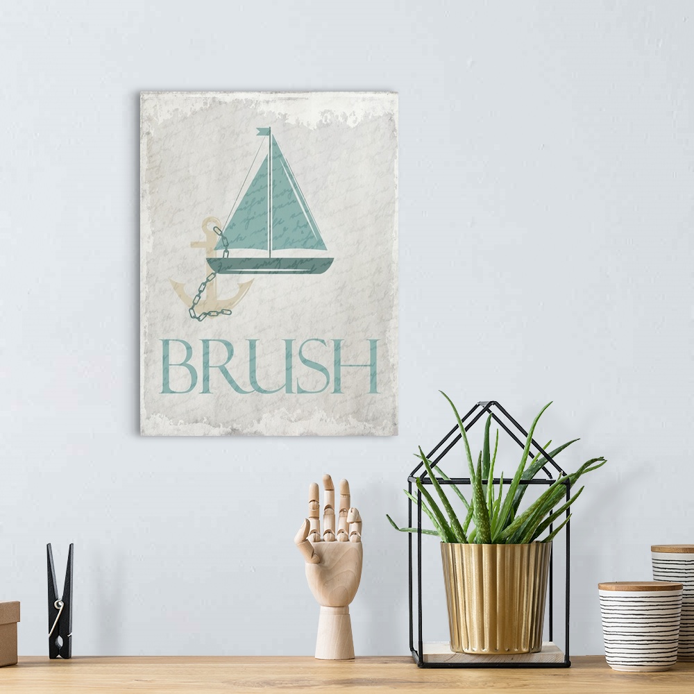 A bohemian room featuring "Brush" nautical bathroom art