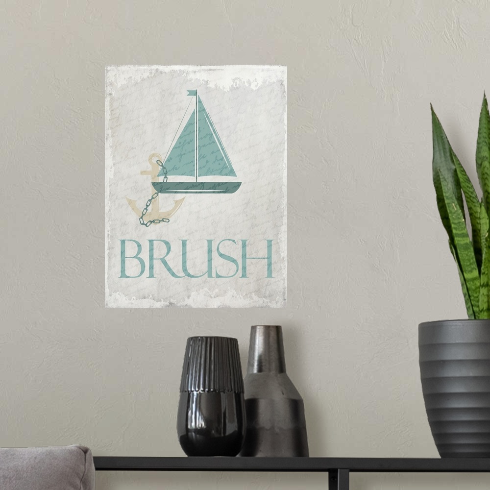 A modern room featuring "Brush" nautical bathroom art