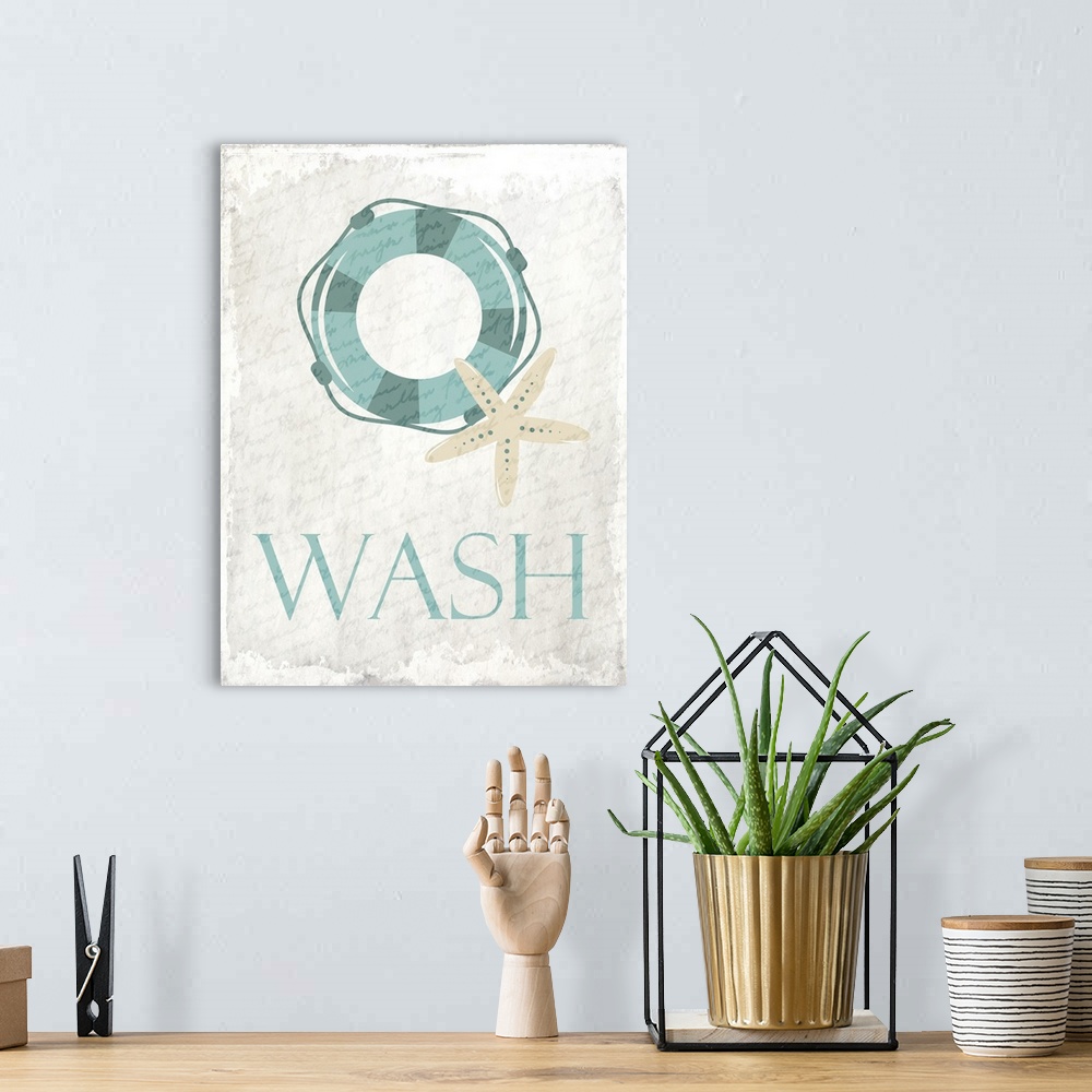 A bohemian room featuring "Wash" bathroom art
