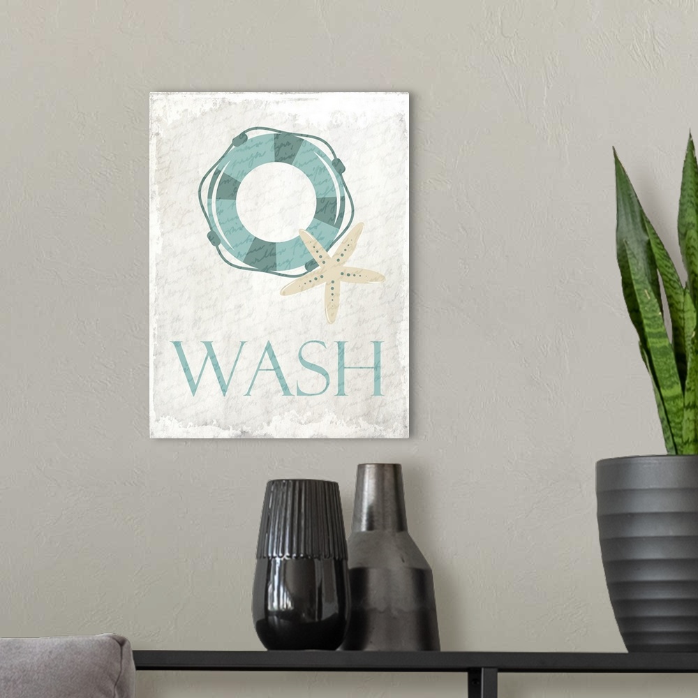 A modern room featuring "Wash" bathroom art