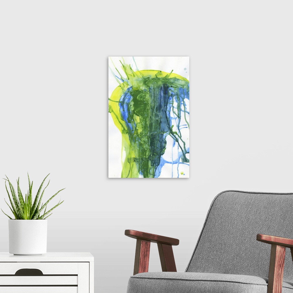 A modern room featuring Contemporary abstract painting made of splatters of yellow and blue mixing to create green.