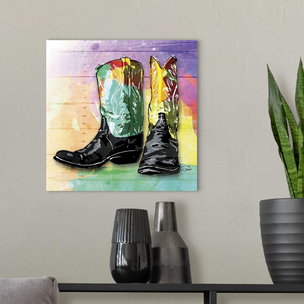 A modern room featuring A painting of colorful cowboy boots on a multicolored wood paneled background.