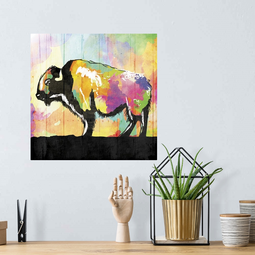 A bohemian room featuring A bright and colorful painting of a buffalo with contrasting black and white hues.