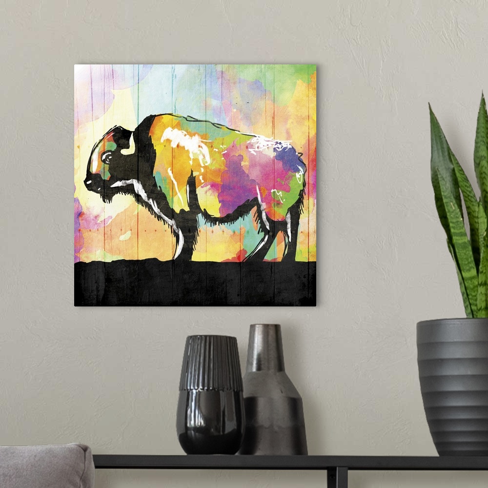 A modern room featuring A bright and colorful painting of a buffalo with contrasting black and white hues.