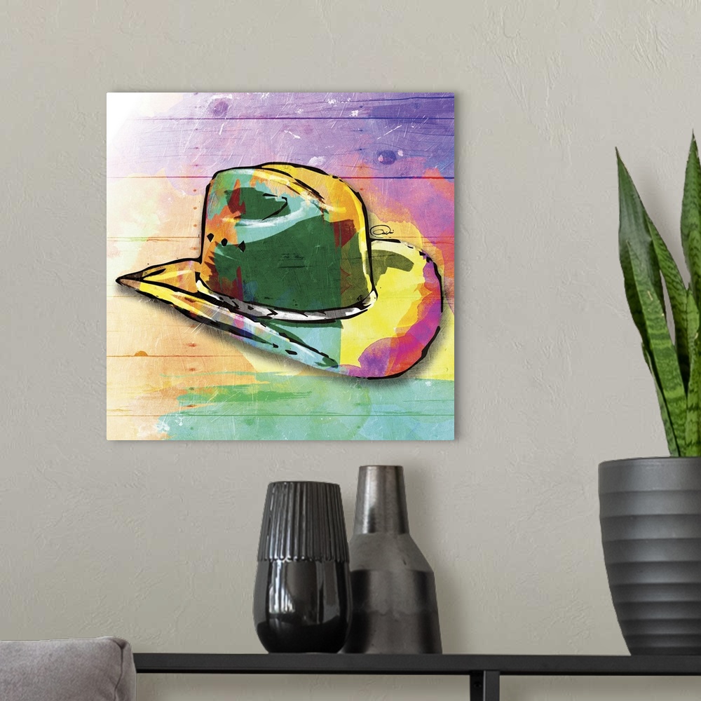 A modern room featuring A painting of a colorful cowboy hat on a multicolored wood paneled background.