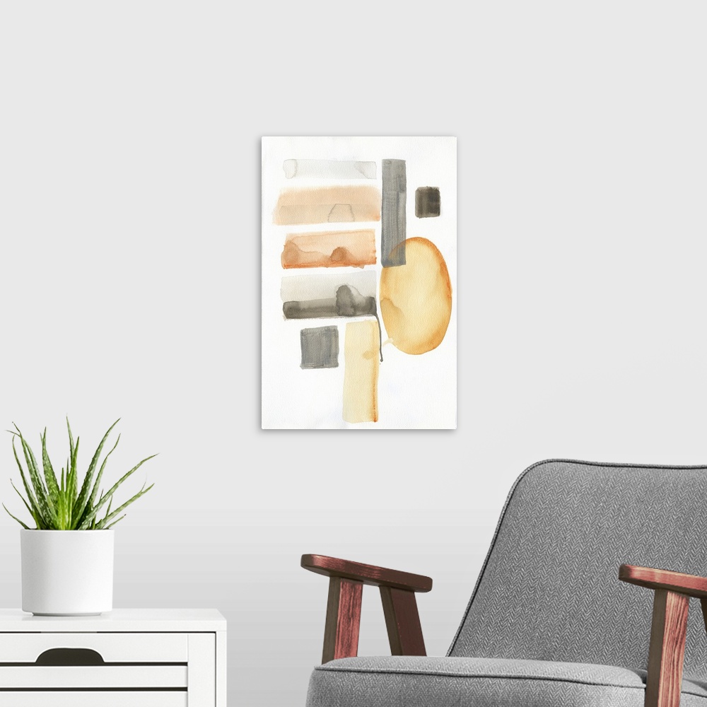 A modern room featuring Watercolor abstract artwork in orange and grey rectangular and circular shapes.