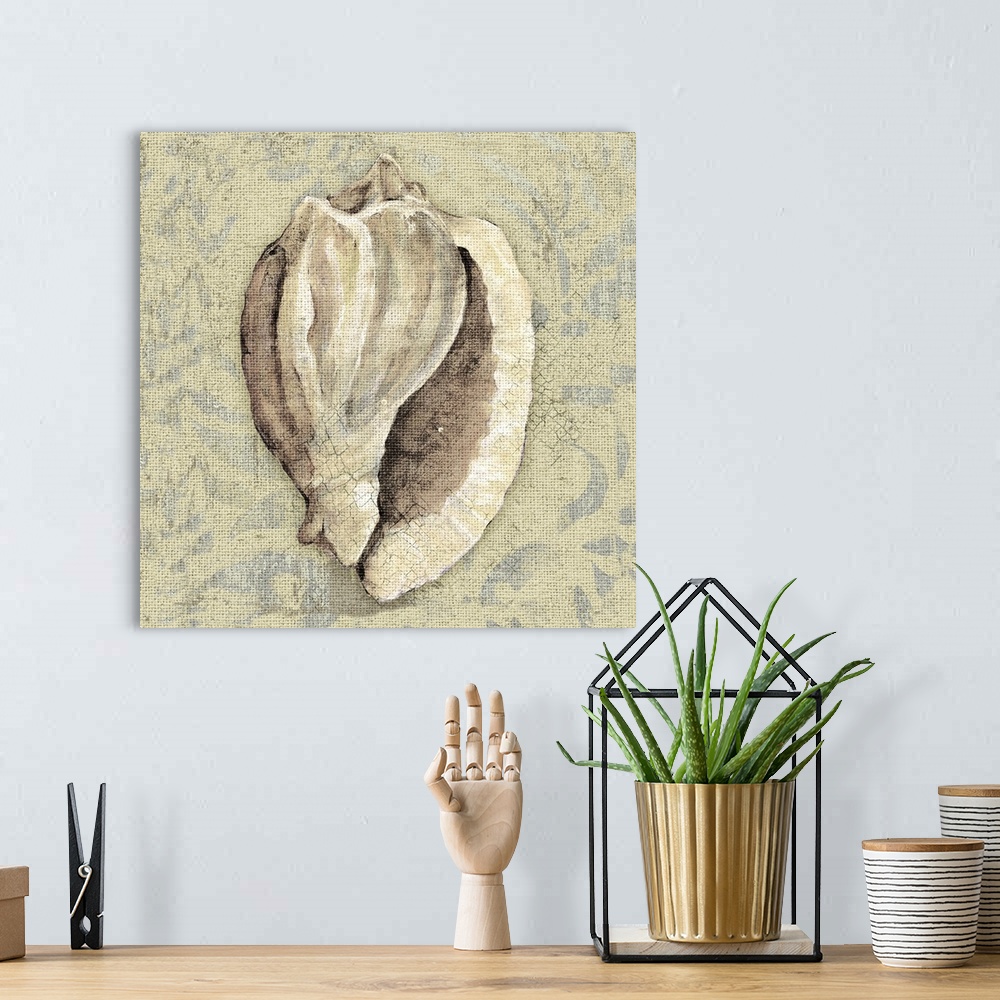 A bohemian room featuring Artwork of a beige seashell against a cream colored background.