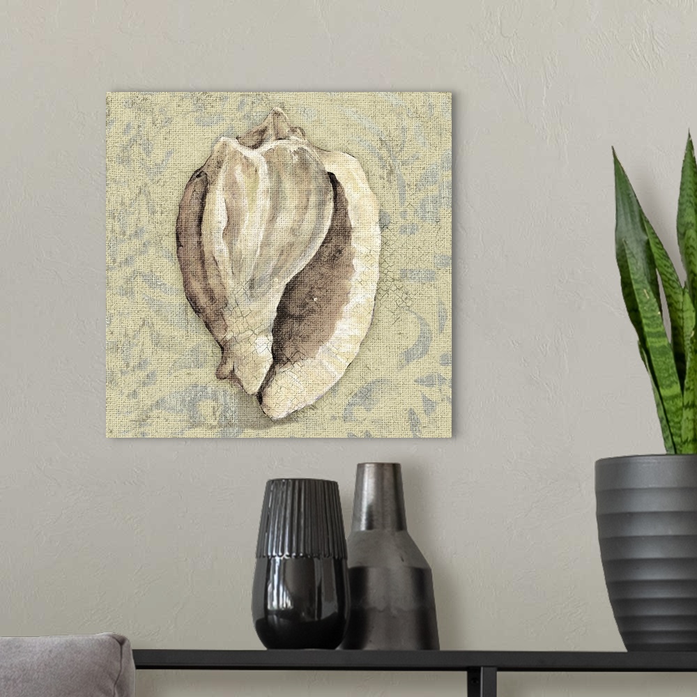 A modern room featuring Artwork of a beige seashell against a cream colored background.