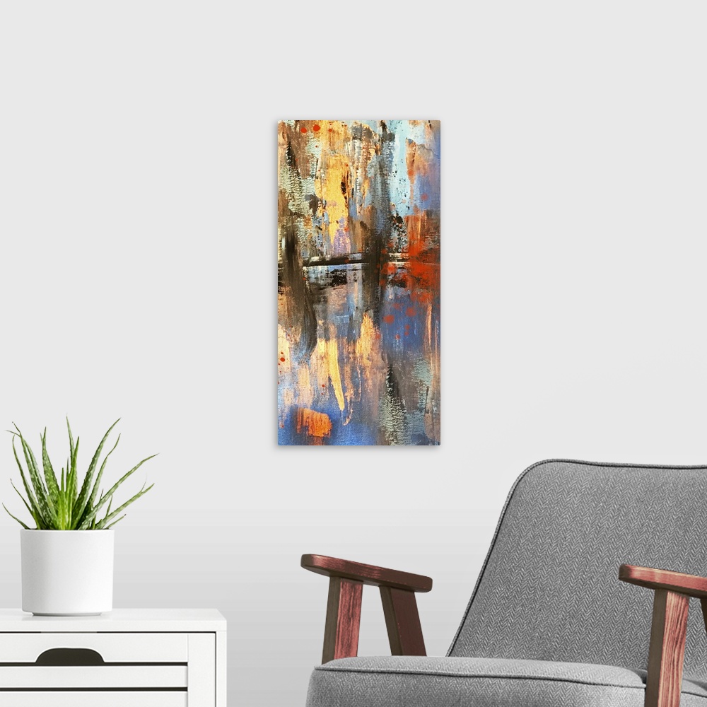 A modern room featuring Contemporary abstract painting with blue, yellow, red, and black hues with a tiny bit of purple a...