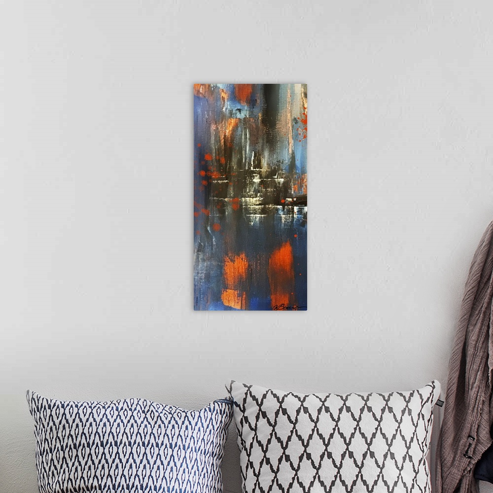 A bohemian room featuring Contemporary abstract painting with blue, yellow, red, and black hues with a tiny bit of purple a...