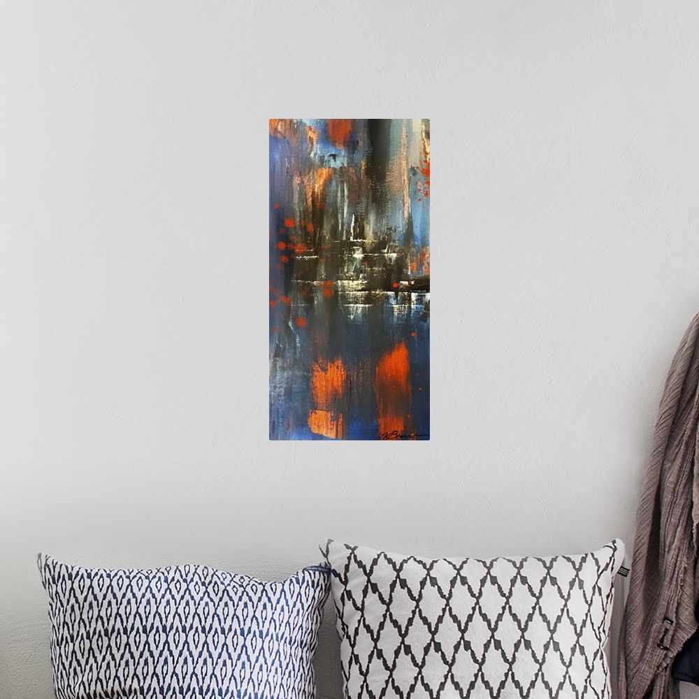 A bohemian room featuring Contemporary abstract painting with blue, yellow, red, and black hues with a tiny bit of purple a...