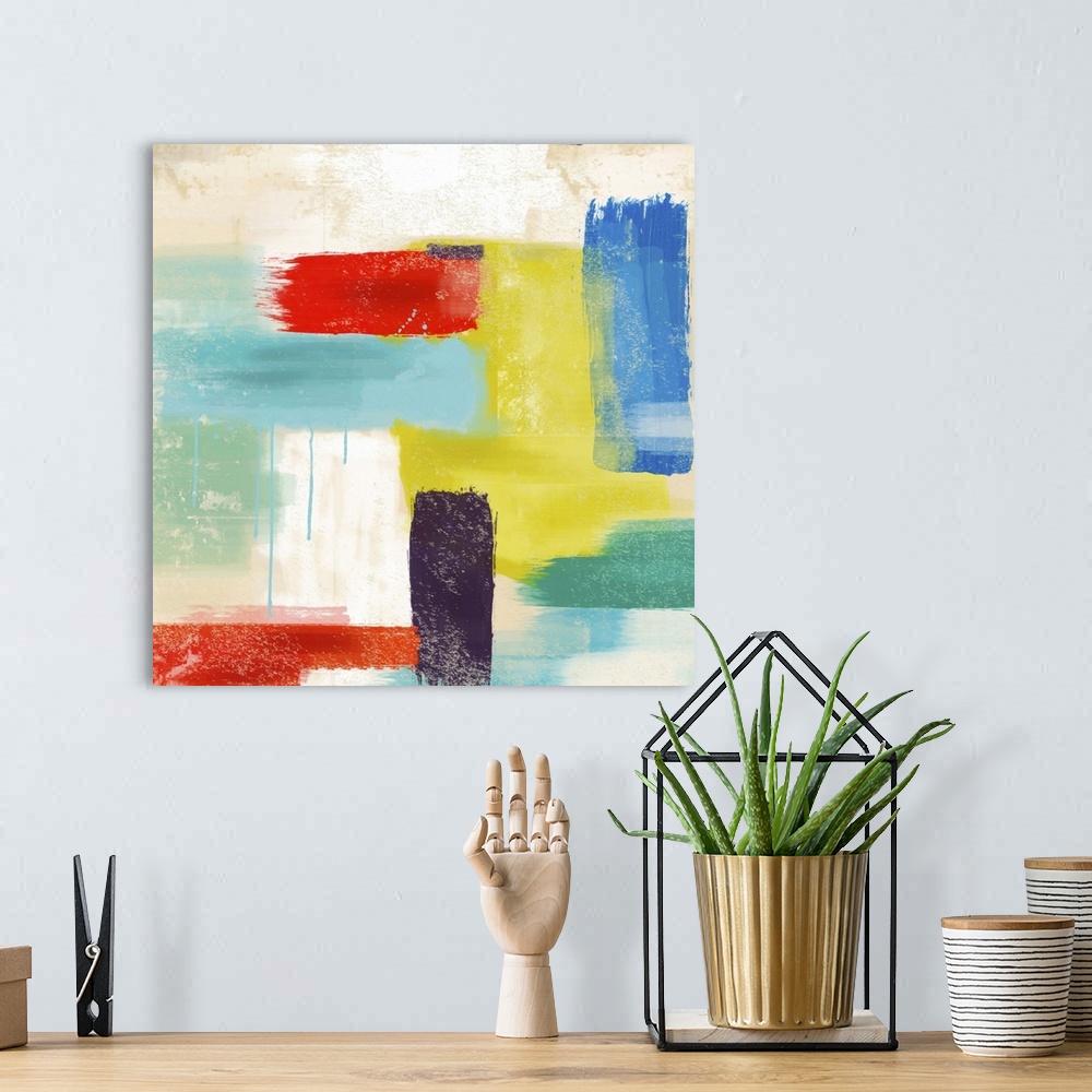 A bohemian room featuring Colorful contemporary retro abstract painting.