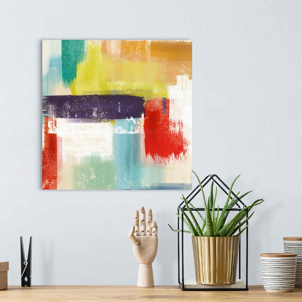 A bohemian room featuring Colorful contemporary retro abstract painting.