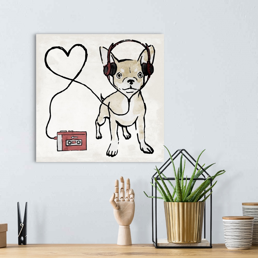 A bohemian room featuring A painting of a chihuahua wearing head phones with the cord making a heart.