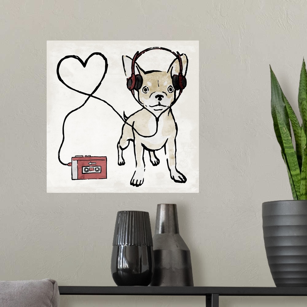A modern room featuring A painting of a chihuahua wearing head phones with the cord making a heart.