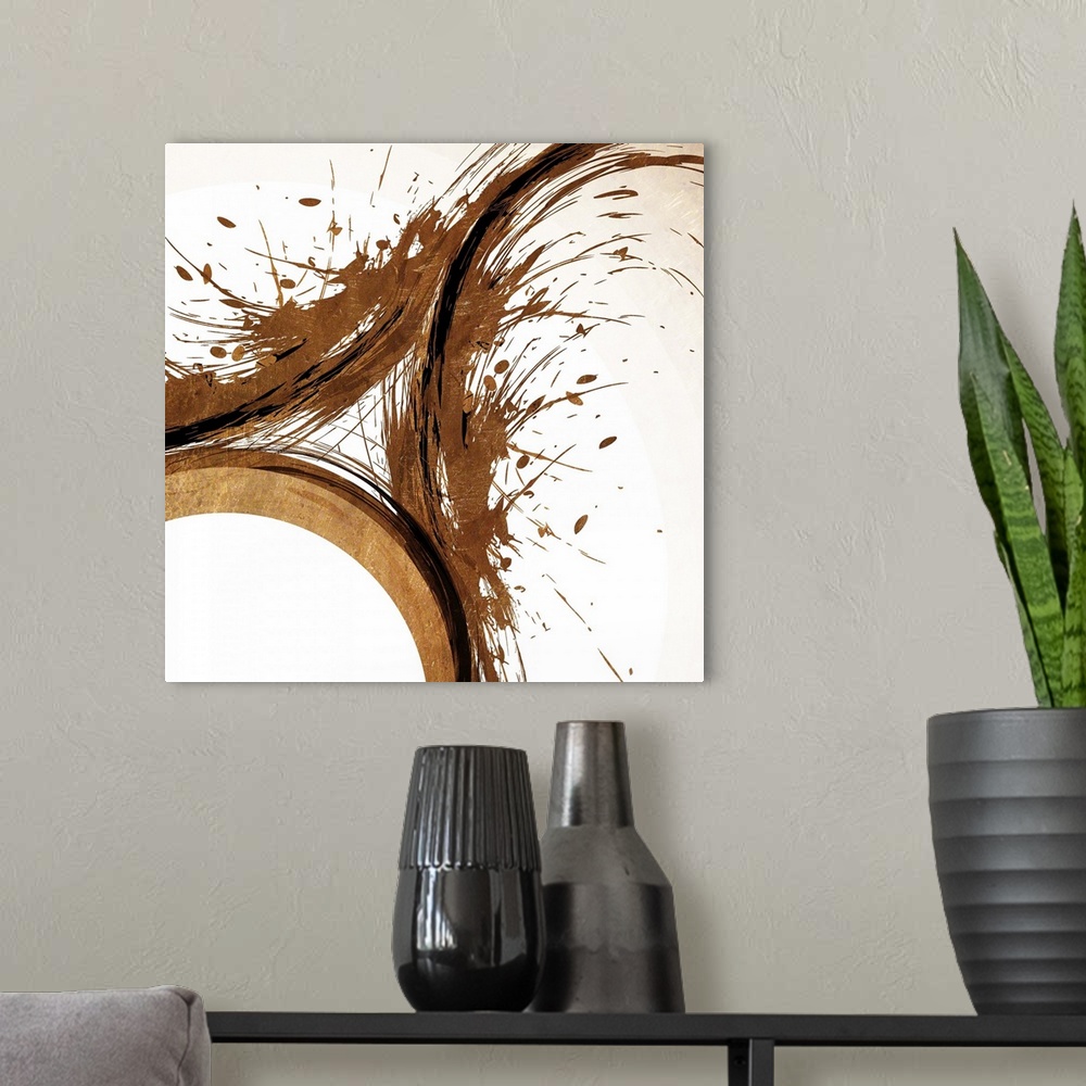 A modern room featuring Abstract artwork in rich brown shades of quick, curving brush strokes with paint splatters.