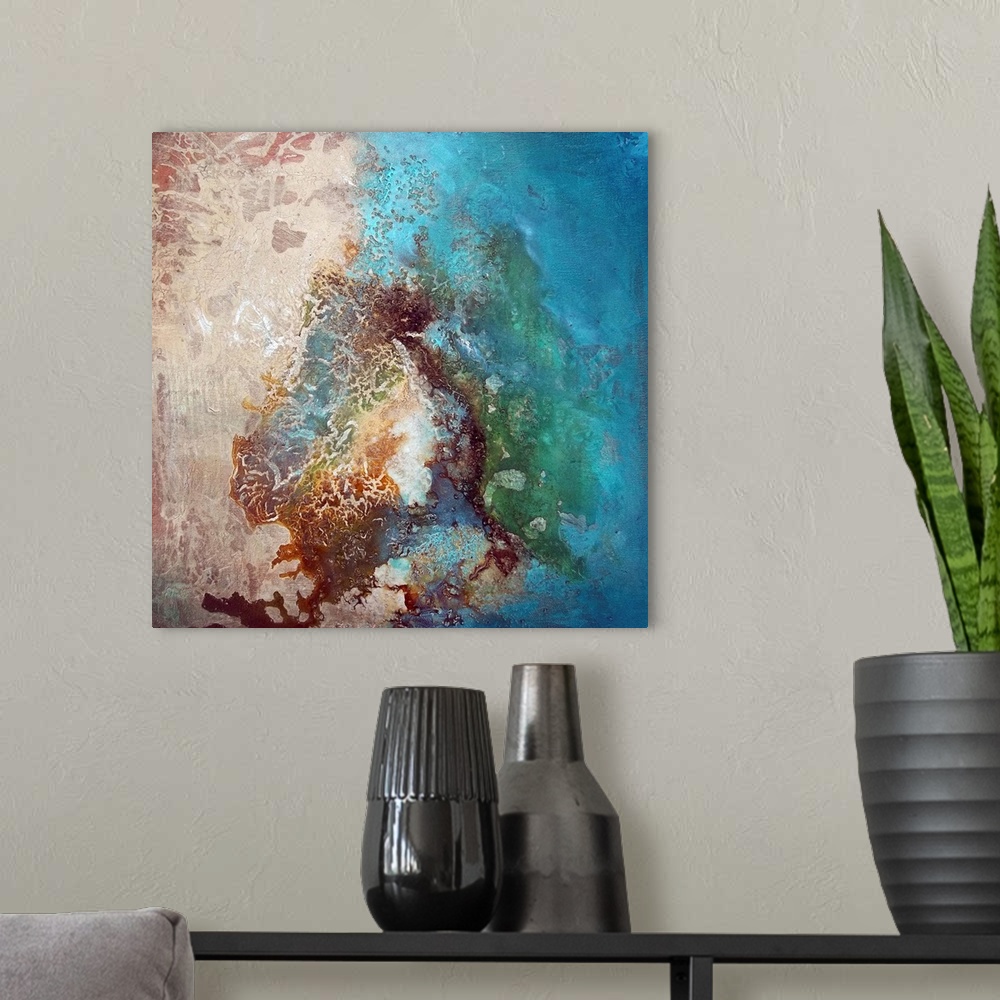 A modern room featuring Contemporary abstract painting using vibrant cool tones colliding with a raw earth tones to creat...
