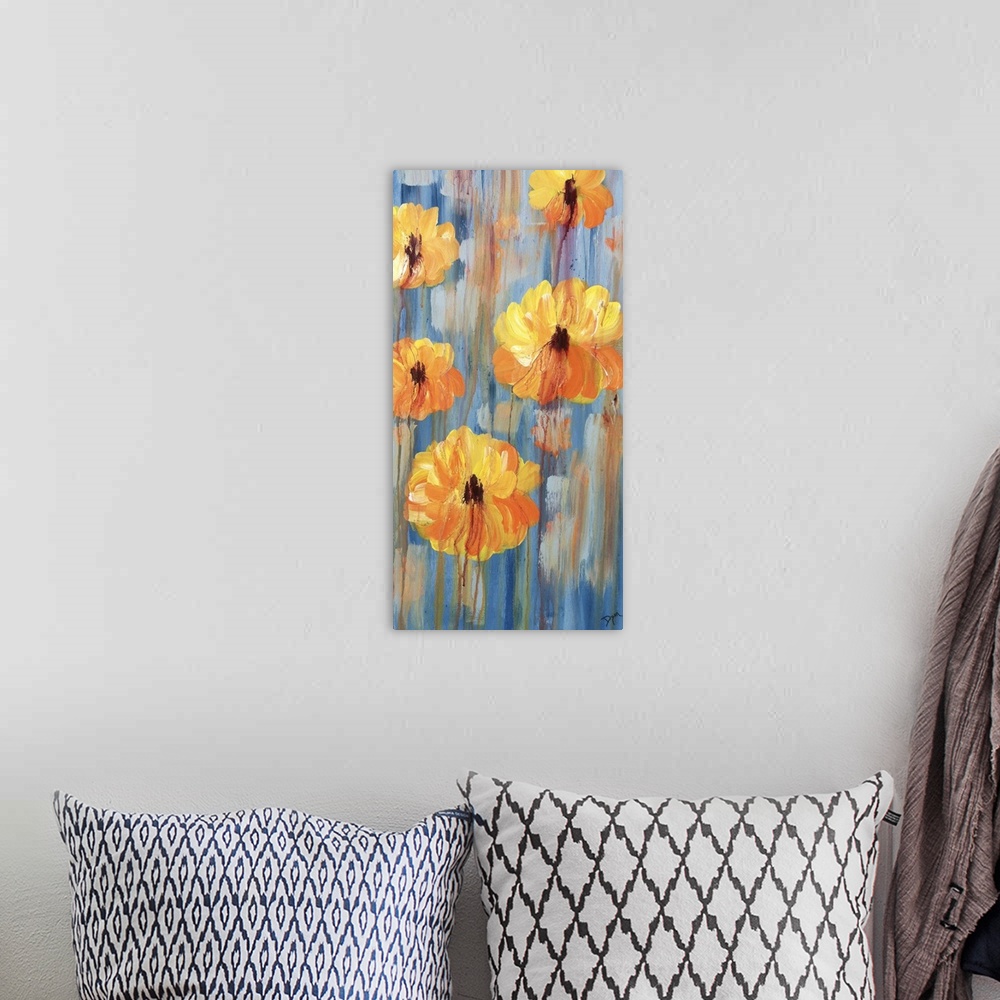 A bohemian room featuring Vertical contemporary painting of cosmos flowers floating on a mutli-toned surfed. With streaks r...