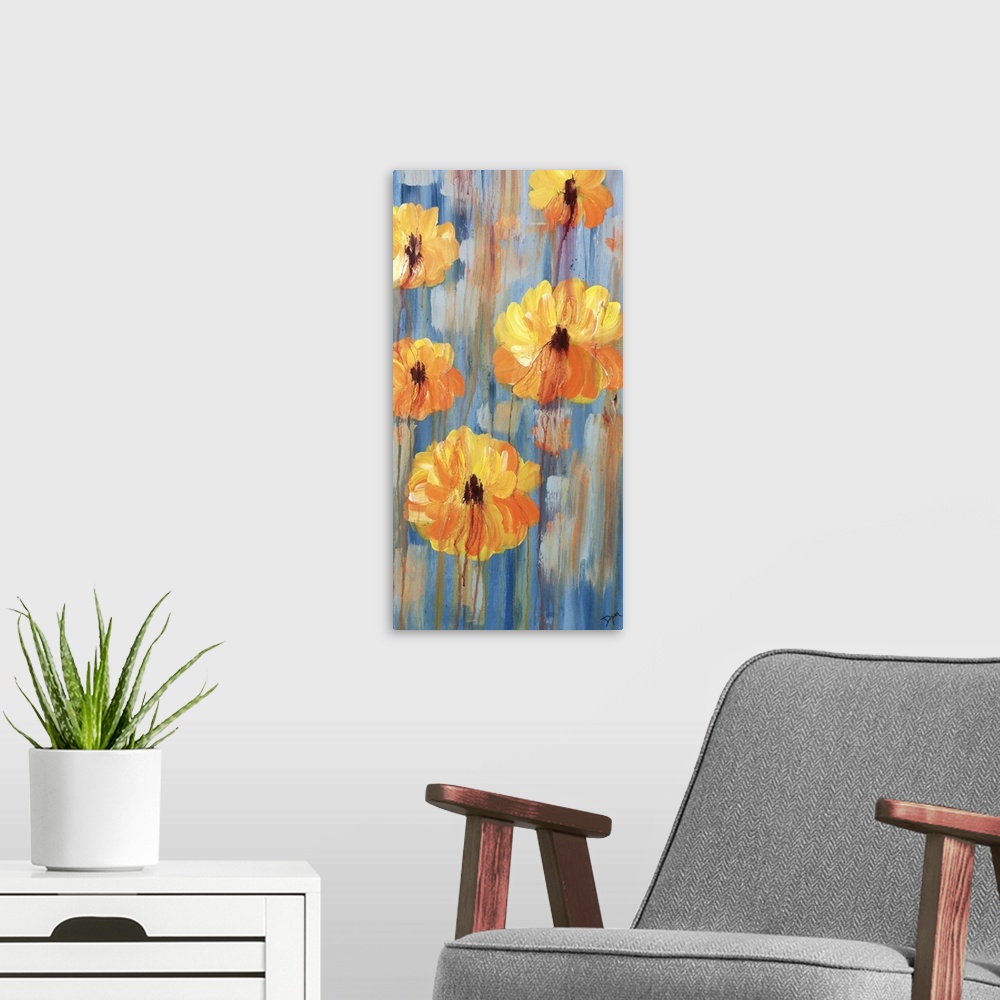A modern room featuring Vertical contemporary painting of cosmos flowers floating on a mutli-toned surfed. With streaks r...