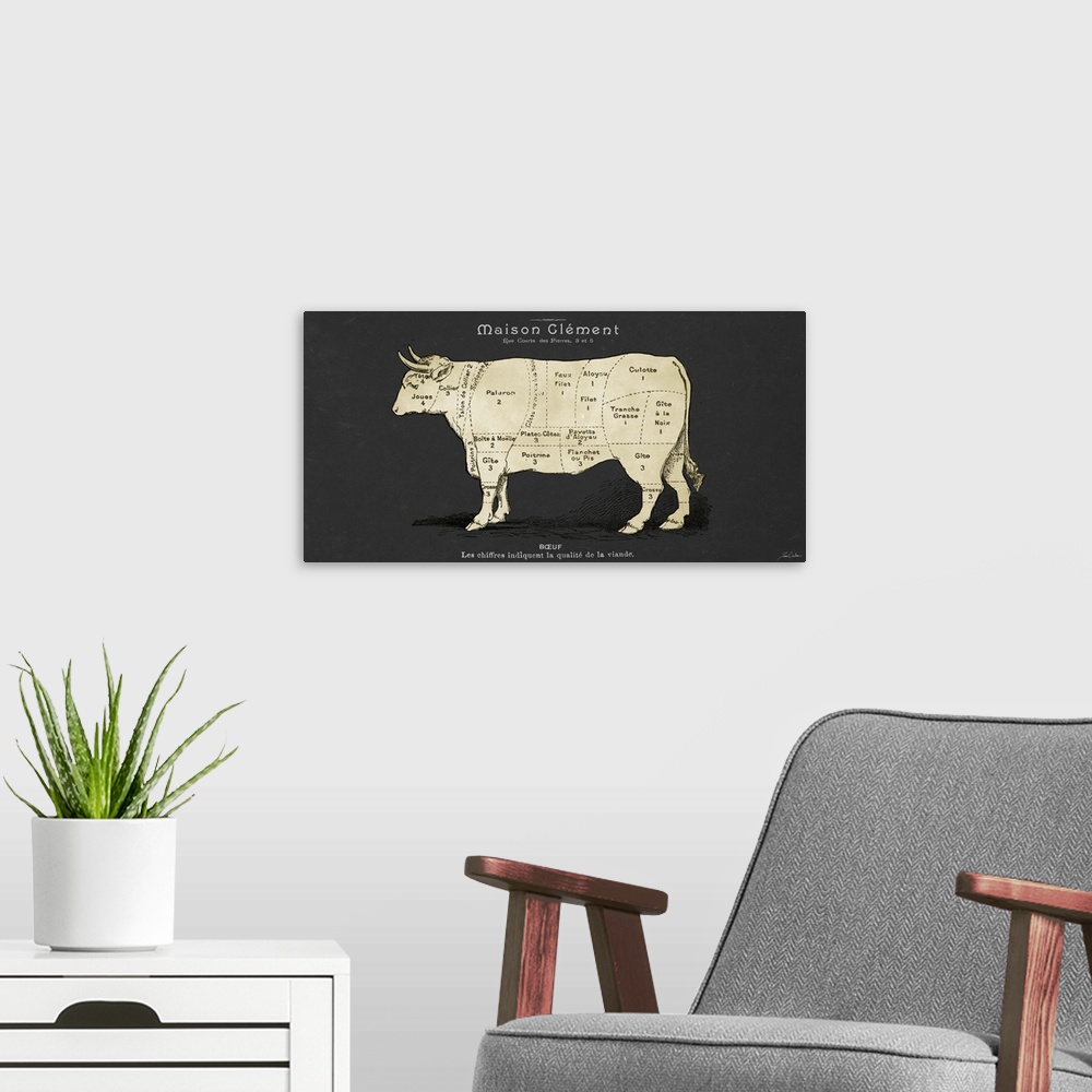 A modern room featuring Contemporary illustration of a cow with dotted lines marked on the body sectioning the different ...