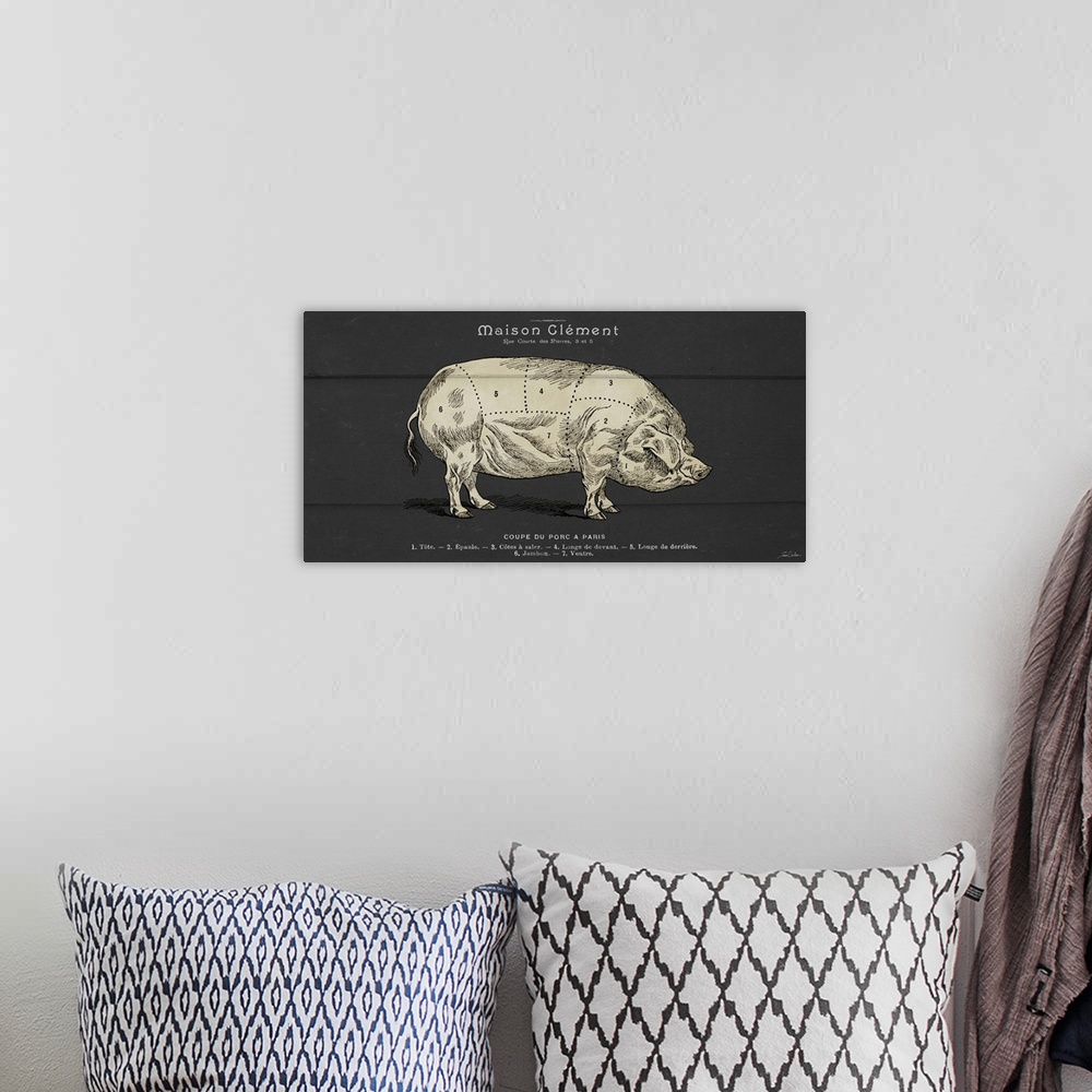 A bohemian room featuring Contemporary illustration of a pig with dotted lines marked on the body sectioning the different ...