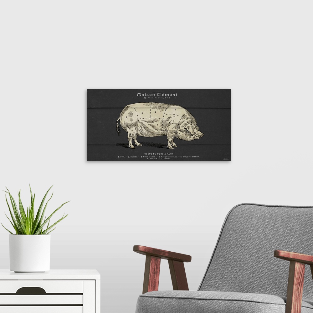 A modern room featuring Contemporary illustration of a pig with dotted lines marked on the body sectioning the different ...