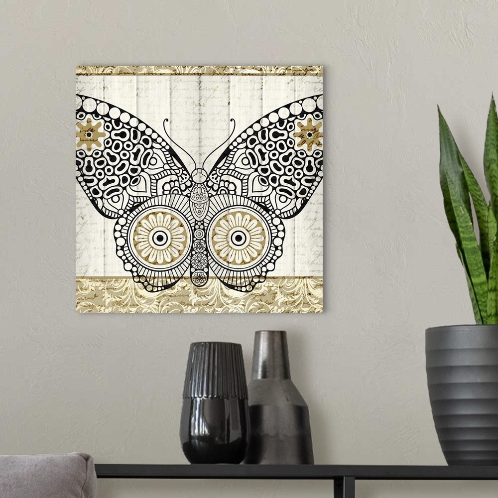 A modern room featuring A black and gold symmetrically designed butterfly on a white wood panel background with faint han...