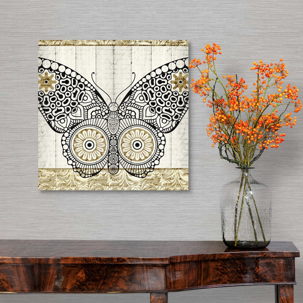 A traditional room featuring A black and gold symmetrically designed butterfly on a white wood panel background with faint han...