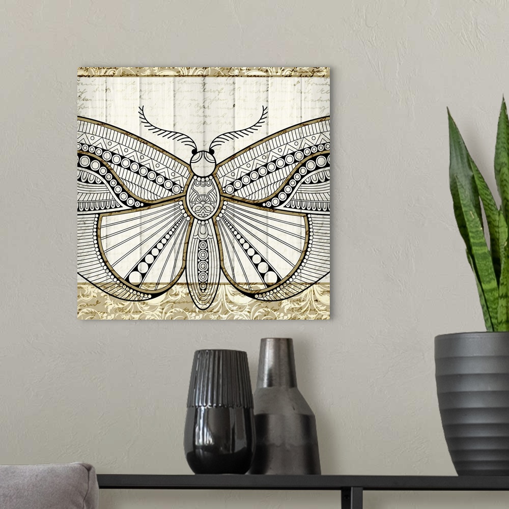 A modern room featuring A black and gold symmetrically designed butterfly on a white wood panel background with faint han...