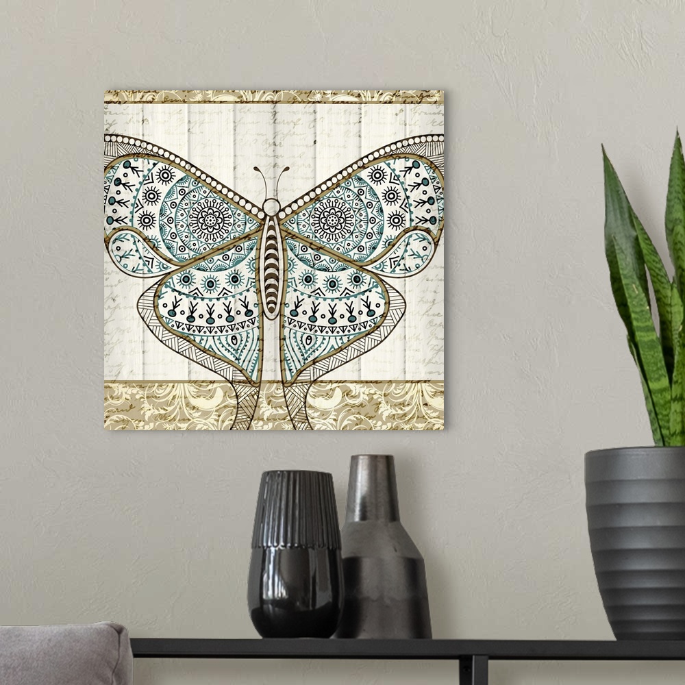 A modern room featuring Square art that has a butterfly with intricately designed wings in teal, tan, and brown on a whit...