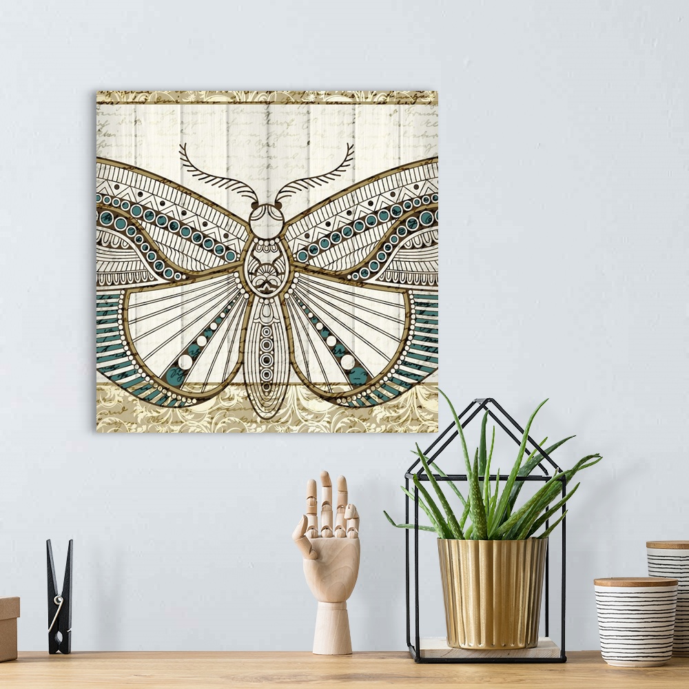 A bohemian room featuring Square art that has a butterfly with intricately designed wings in teal, tan, and brown on a whit...