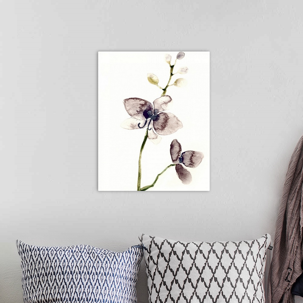 A bohemian room featuring Vertical watercolor painting of a two dark purple orchids on a solid cream colored background.