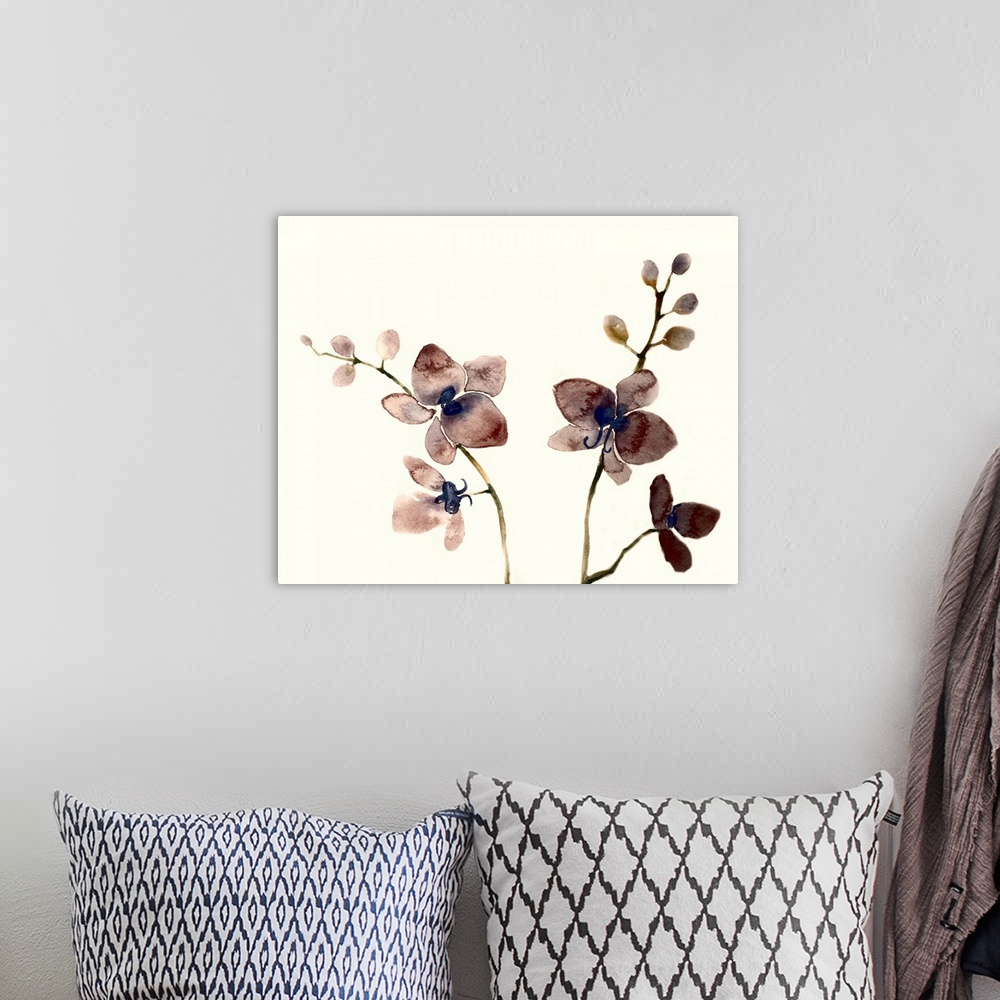 A bohemian room featuring Watercolor painting of four dark purple orchids on two different plants with a solid cream colore...