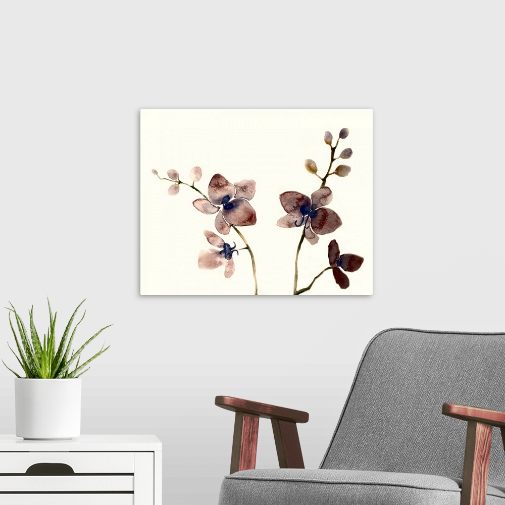 A modern room featuring Watercolor painting of four dark purple orchids on two different plants with a solid cream colore...