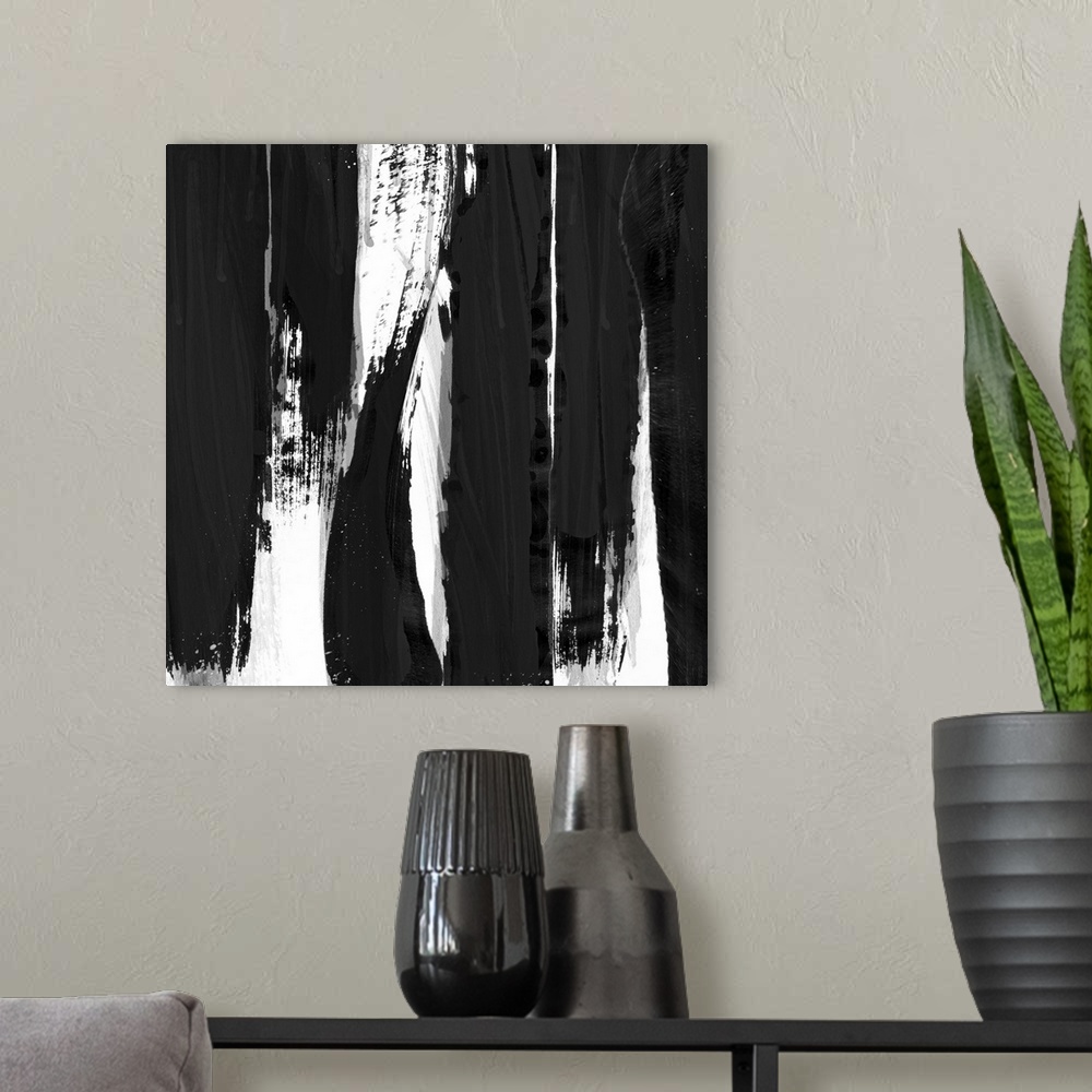 A modern room featuring Abstract painting with bold vertical streaks.