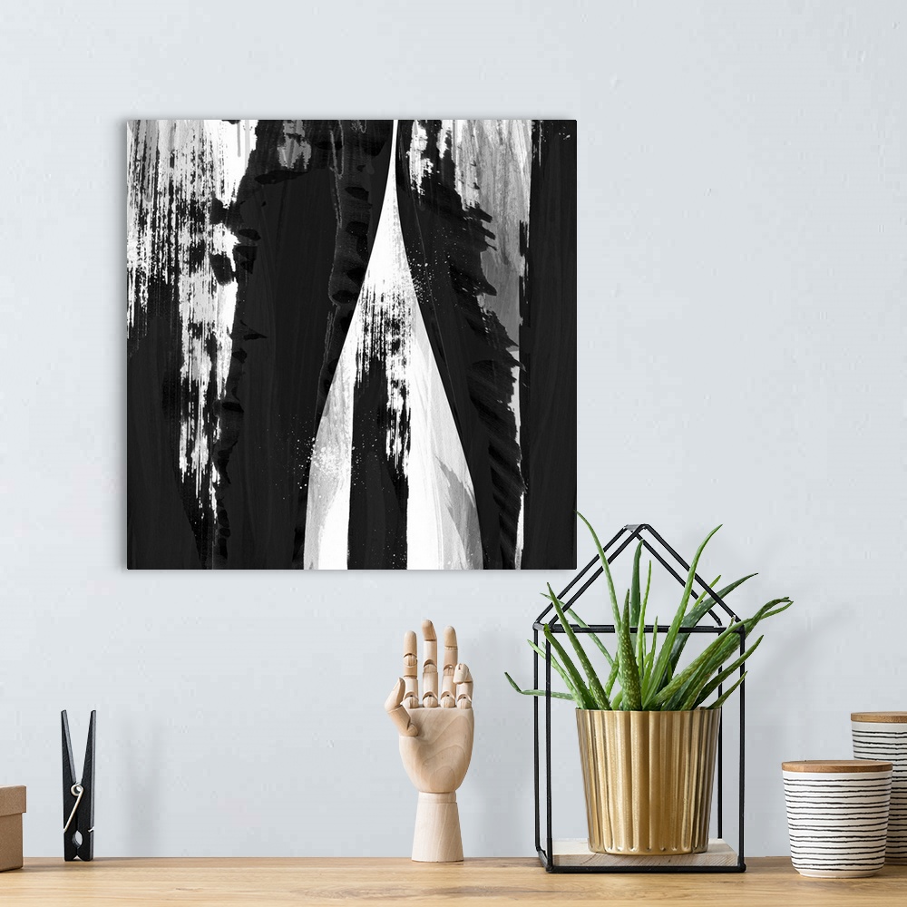 A bohemian room featuring Abstract painting with bold vertical streaks.