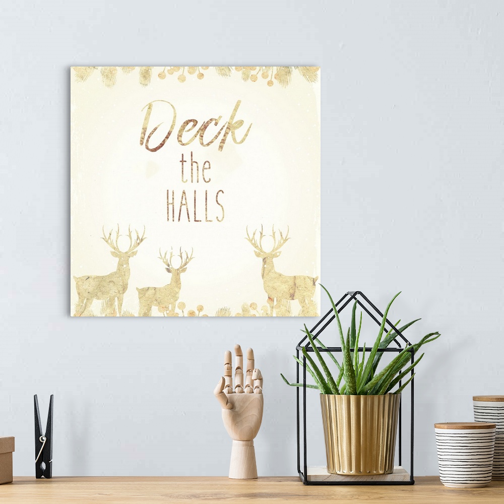 A bohemian room featuring Holiday sentiment with golden deer silhouettes.