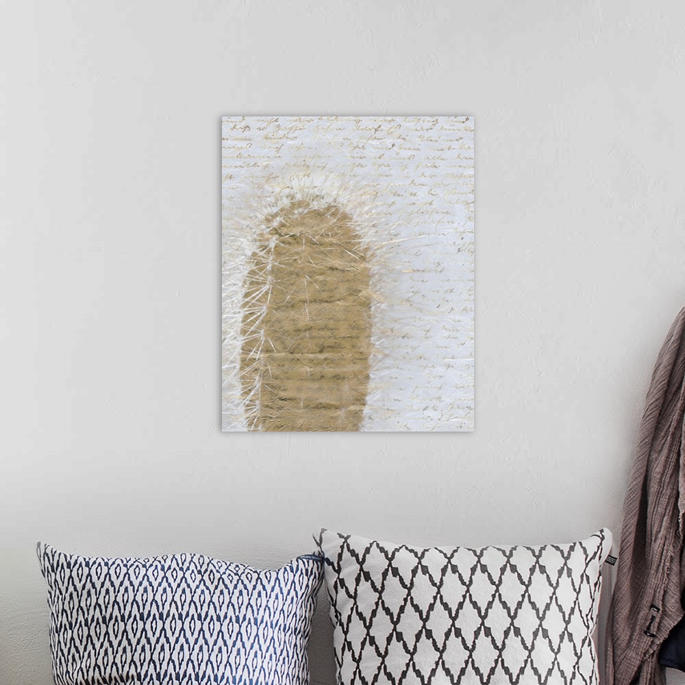 A bohemian room featuring Gold desert cactus on a white background with faint gold handwritten text.