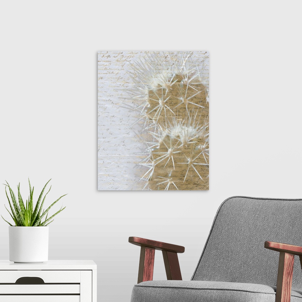 A modern room featuring Gold desert cactus on a white background with faint gold handwritten text.