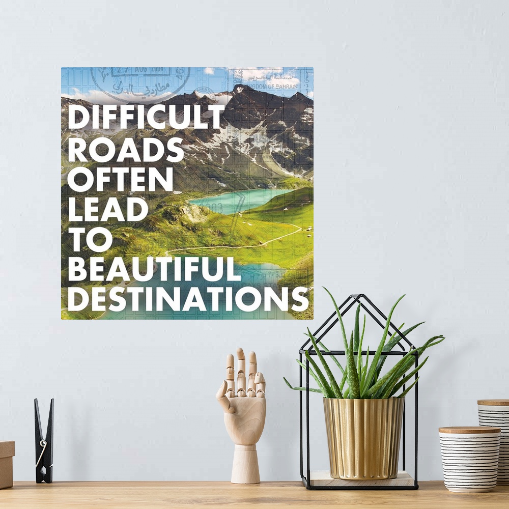 A bohemian room featuring "Difficult roads often lead to beautiful destinations"