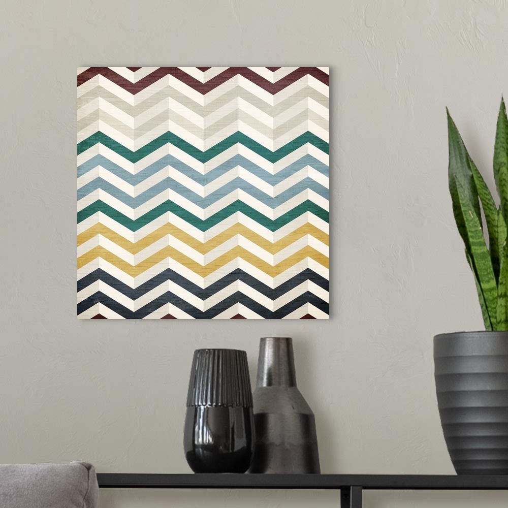 A modern room featuring A painting of a colorful zigzag pattern on a wood grain background.