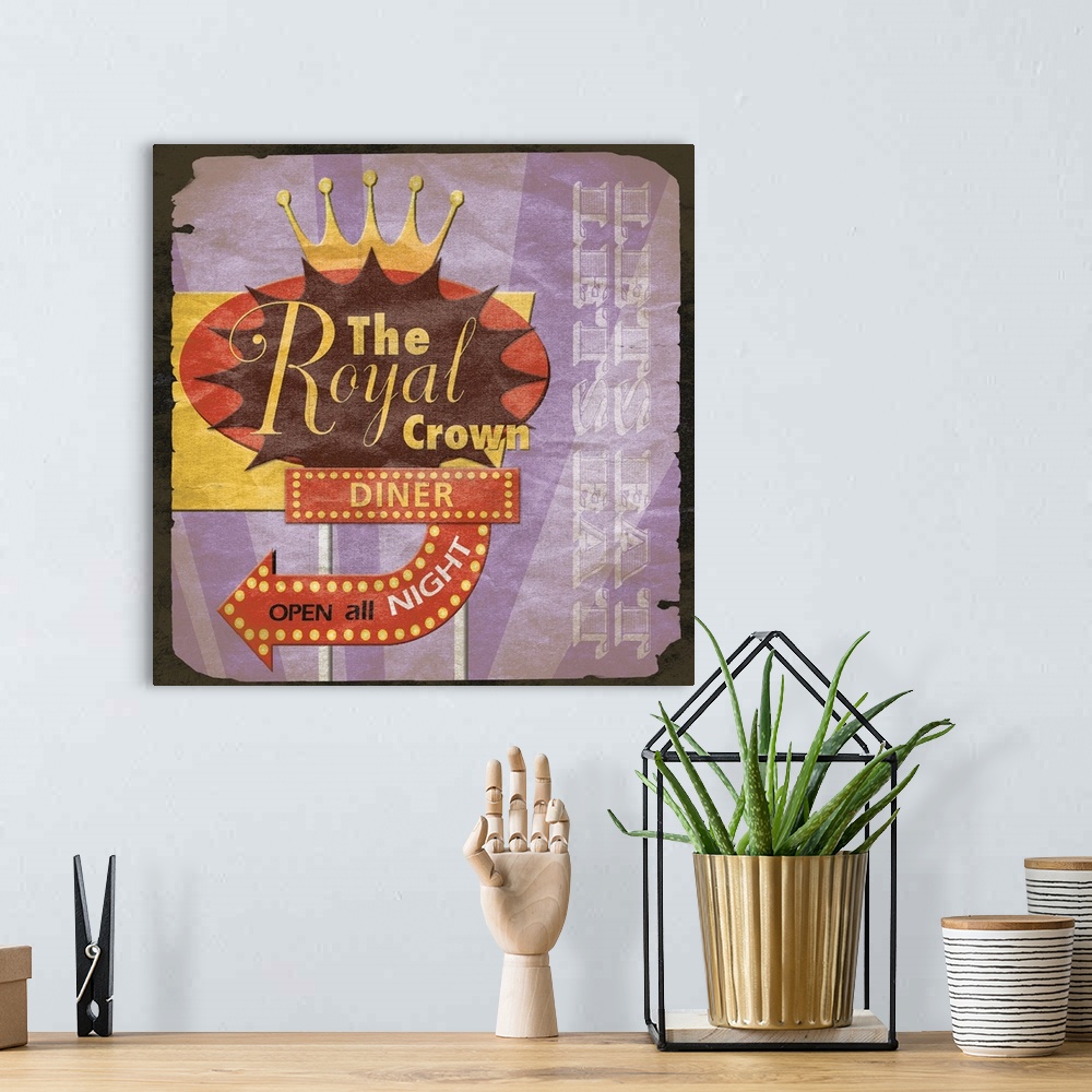 A bohemian room featuring Retro diner sign artwork, with a rustic faded border around the image.