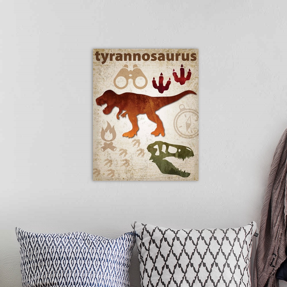 A bohemian room featuring Tyrannosaurus Rex artwork featuring a silhouette with footprints and a skull.