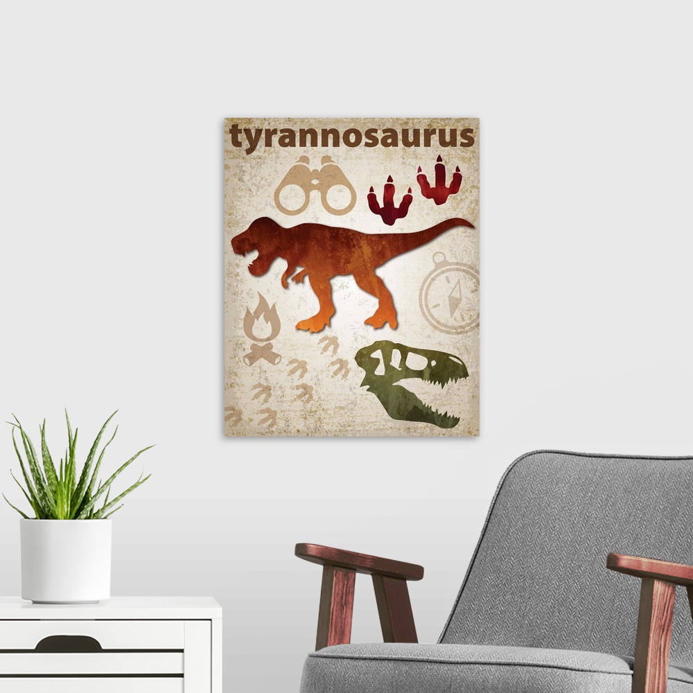 A modern room featuring Tyrannosaurus Rex artwork featuring a silhouette with footprints and a skull.