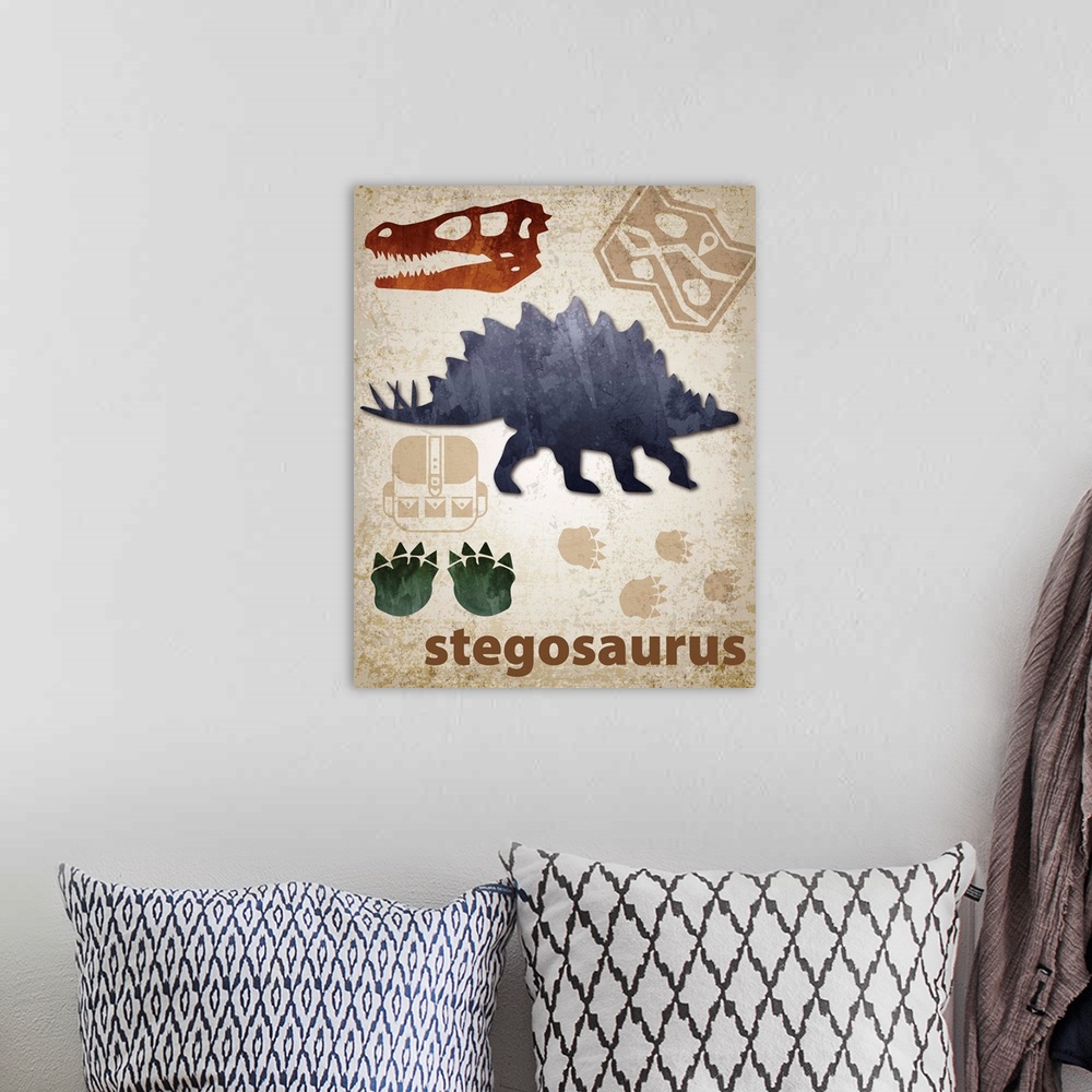 A bohemian room featuring Stegosaurus artwork featuring a silhouette with footprints and a skull.